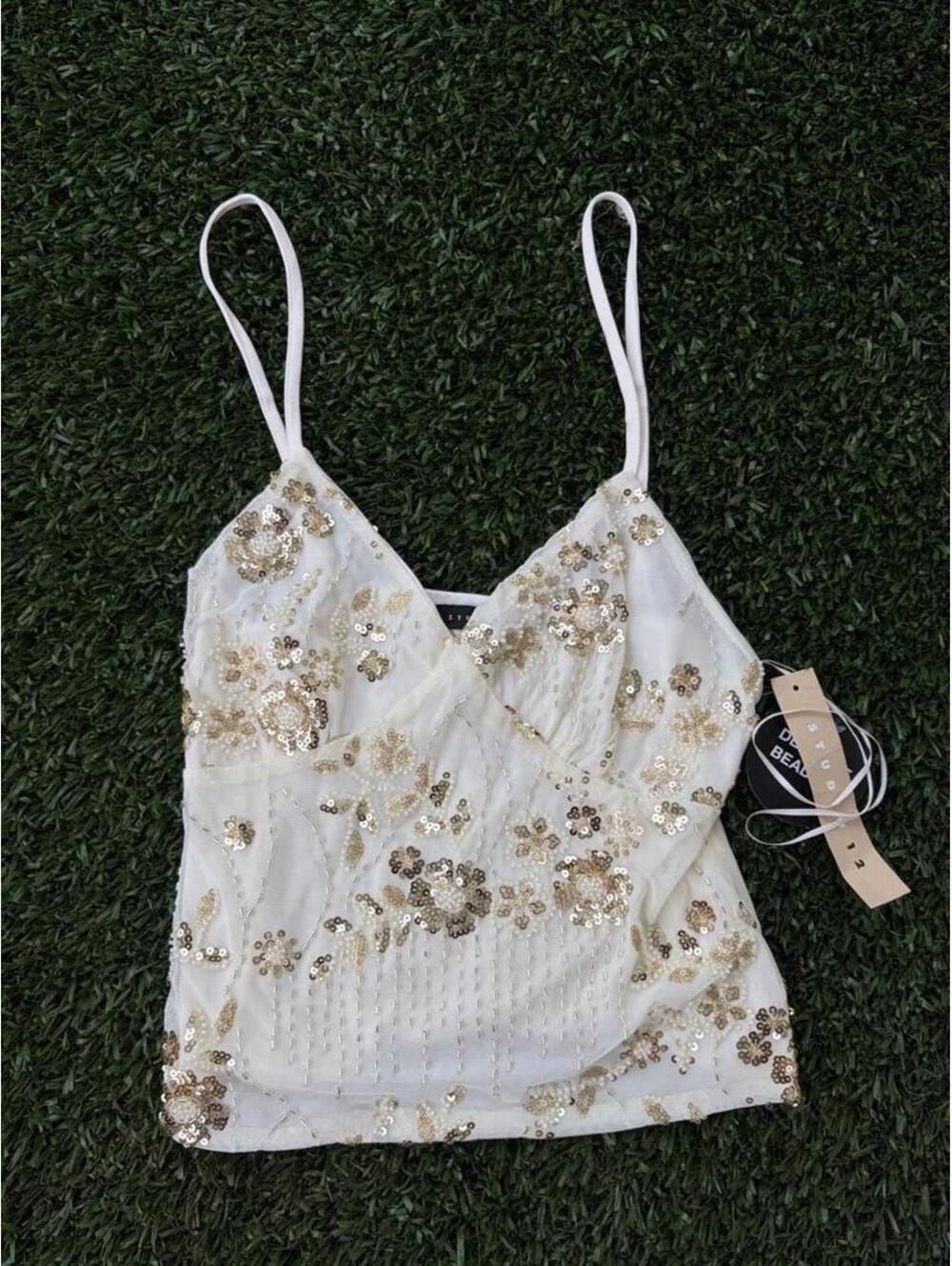 Studio 12 Y2K White Floral Sequin Hand-Beaded Cami Tank Top Size S New with Tags